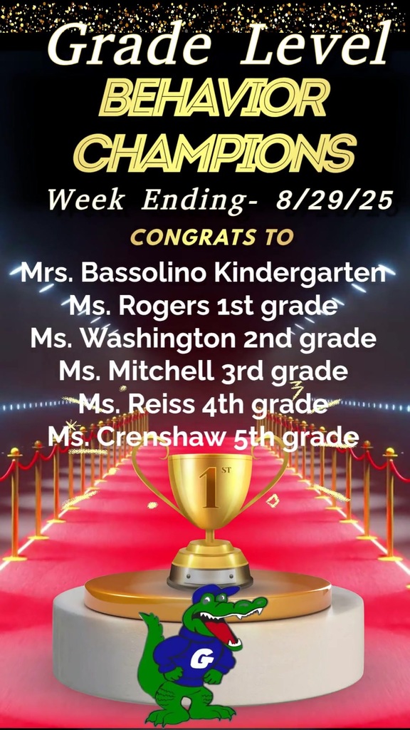 Congratulations to our Behavior Champion Classes for week ending 8/29/25. Mrs. Bassolino, Ms. Rogers, Ms. Washington, Ms. Mitchell, Ms. Reiss, and Ms. Crenshaw