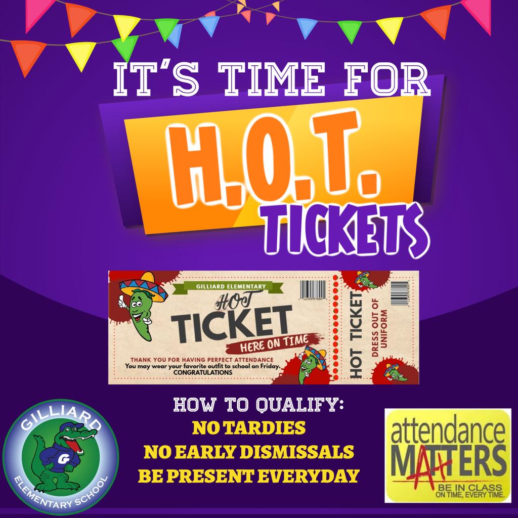 It's Time for H.O.T. Tickets! Students with PERFECT ATTENDANCE will get to dress out of uniform Friday, September 5, 2025. H.O.T. tickets will be handed out to students that qualify on Thursday, September 4th after 2:30pm. Any student that dresses out without a ticket will be subject to disciplinary action. Details are being sent to your email. Thank you!