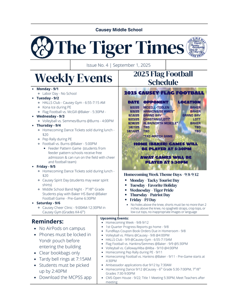 Graphic of weekly newsletter 9/1-9/5