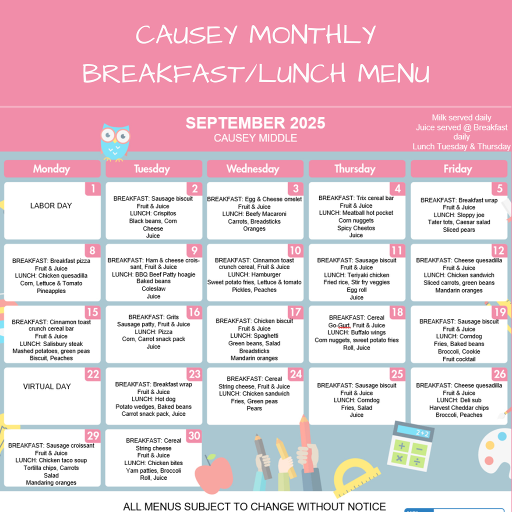 Graphic with September monthly breakfast lunch menu