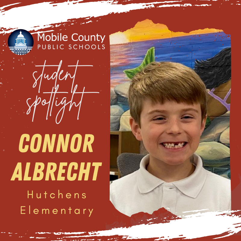 Graphic for Student Spotlight with a photo of Hutchens Elementary's Connor Albrecht