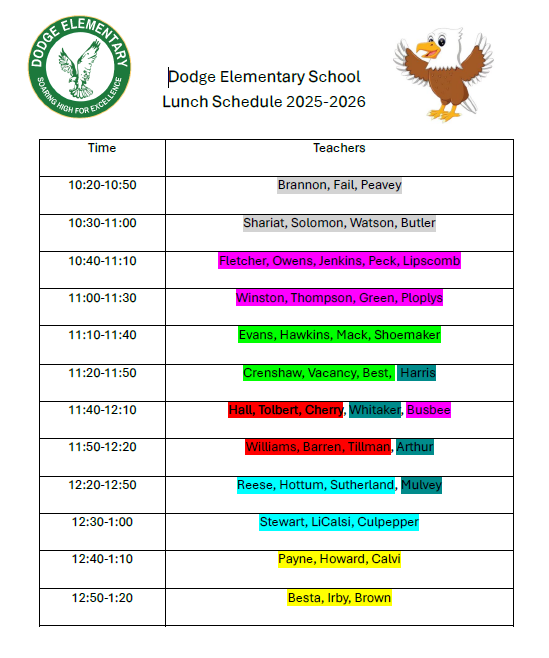 25-26 Lunch Schedule