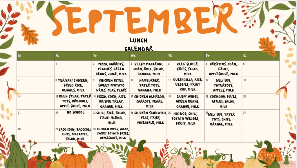 September Lunch Calendar