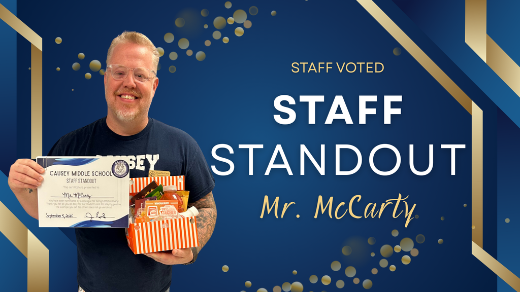 Graphic with picture of man holding certificate for staff standout and box of goodies