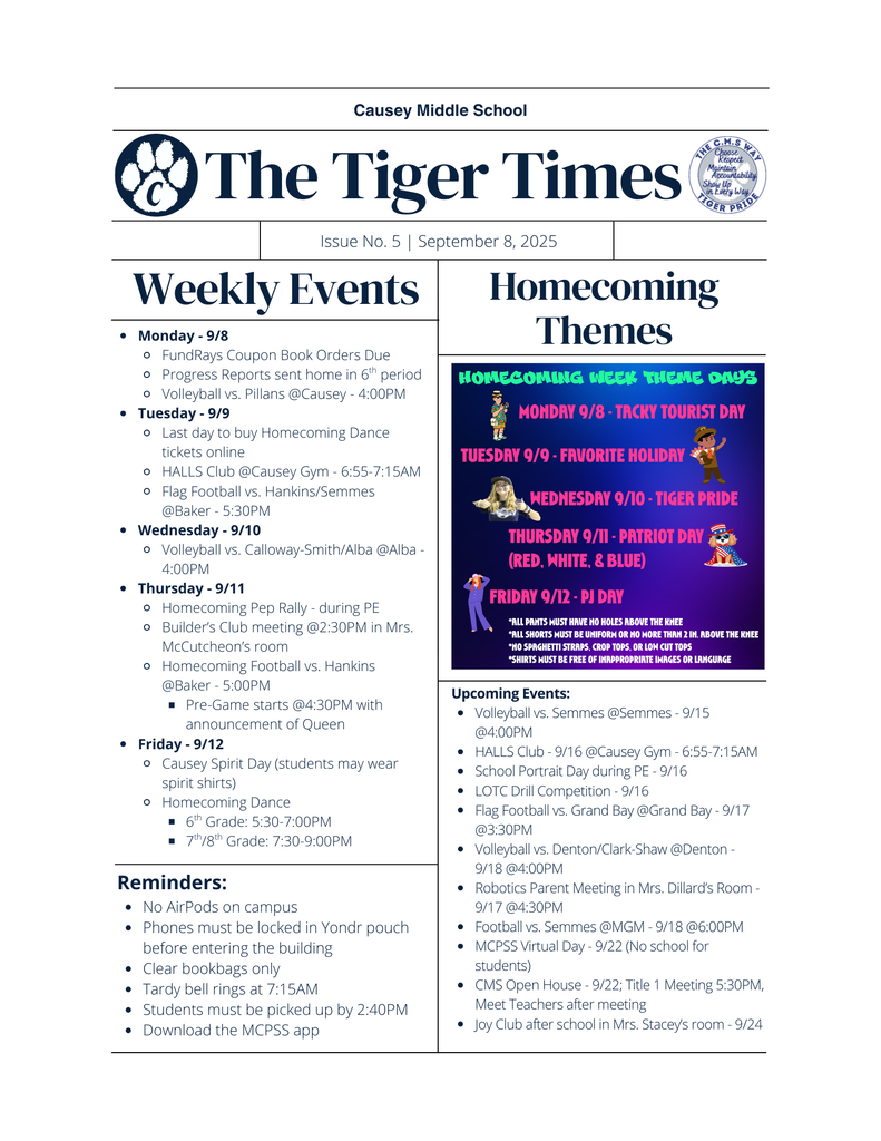 Graphic of weekly newsletter 9/8-9/12