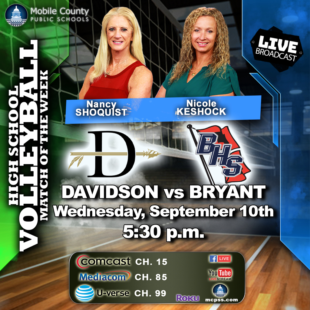 Graphic promoting the mcpssTV High School Volleyball Match of the Week between Davidson and Bryant
