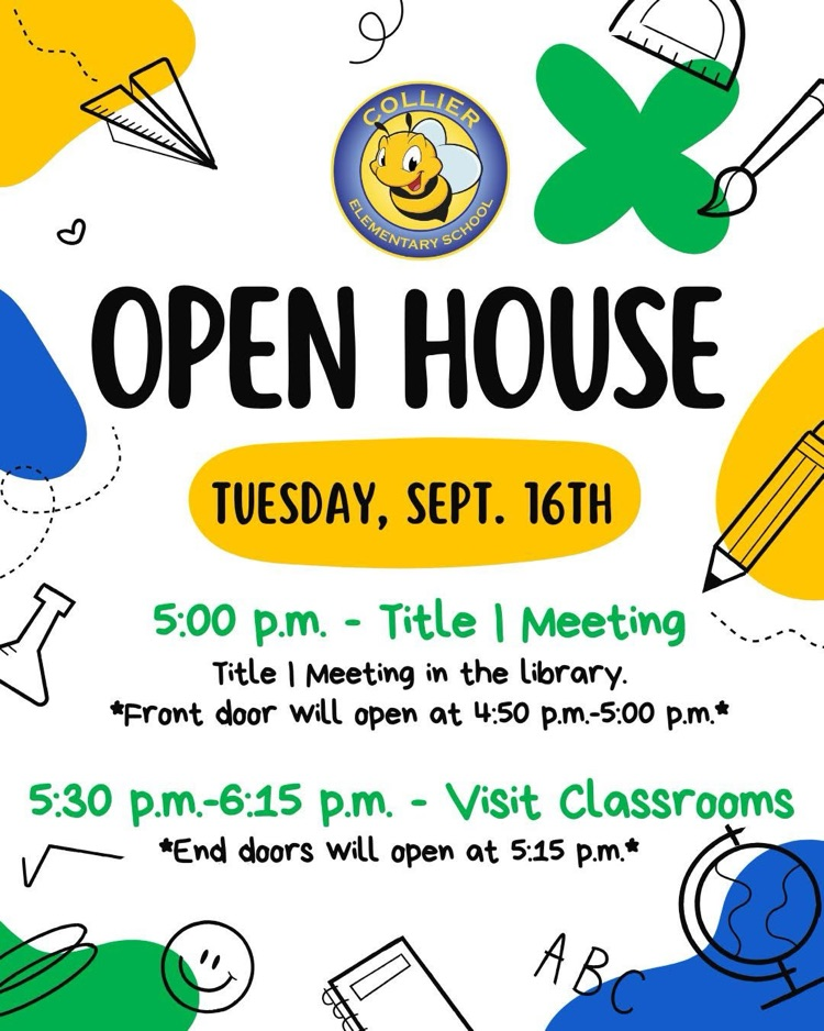 Open House is September 16th 5:30-6:15 pm