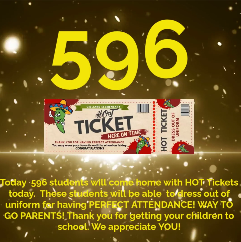 CONGRATULATIONS to the 596 students that earned H.O.T. Tickets this week for perfect attendance. These students will be allowed to dress out of uniform tomorrow. Parents please don't forget the dress code. Thank you!