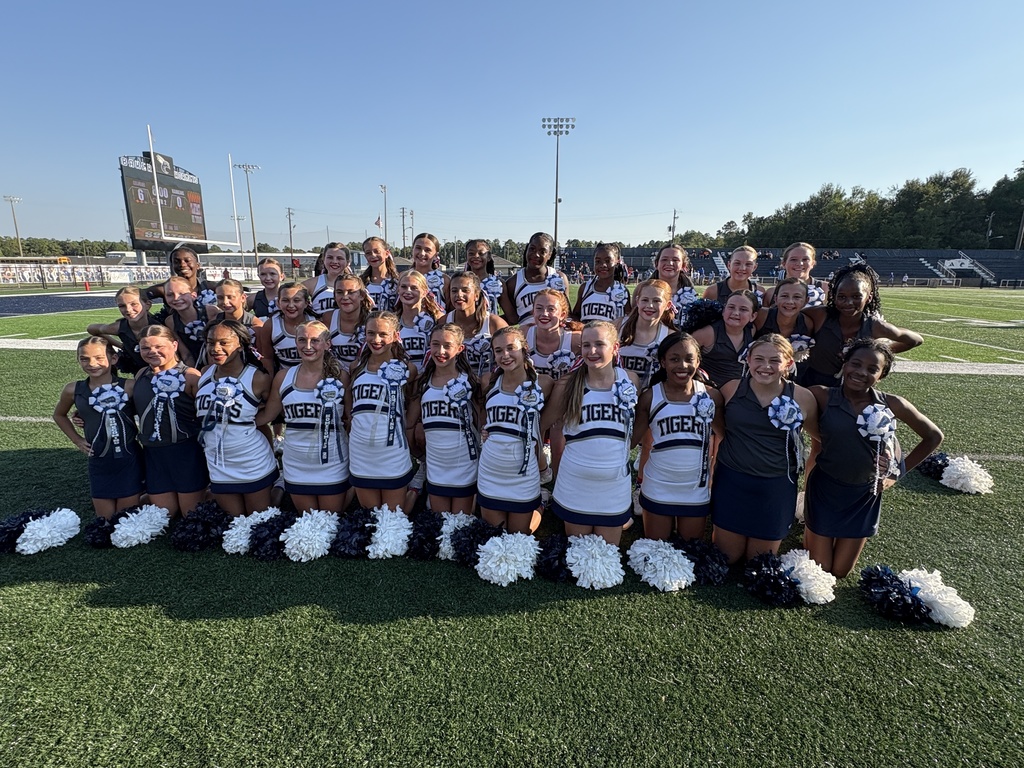 Group of cheerleaders, cheer team of 7th/8th graders, cheer club of 6th graders, posing on a football field