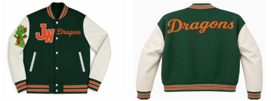 John Will jacket with dragon JW and the words dragons on the front and back jacket is green and white and orange