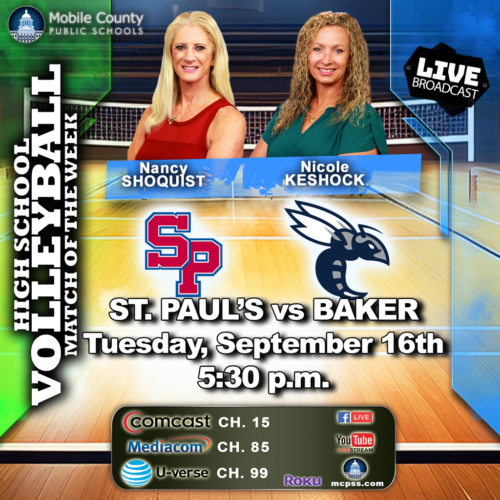 A graphic promoting the mcpssTV High School Volleyball Match of the Week between Baker and St. Paul's on September 16