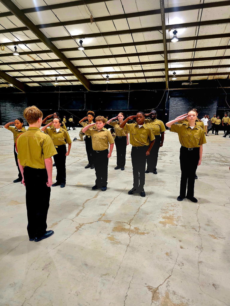 Group of cadets in uniform, standing in formation, saluting