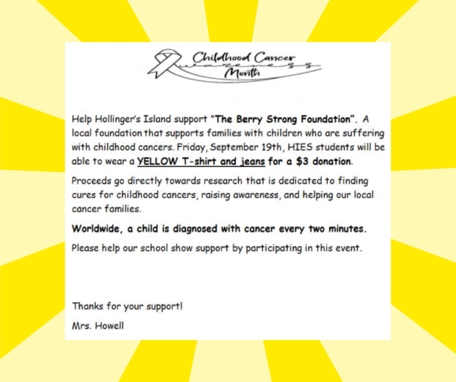 Yellow striped background with the information: Wear yellow on Friday September 19th for $3 to support The Berry Strong Foundation that supports families with children diagnosed with cancer