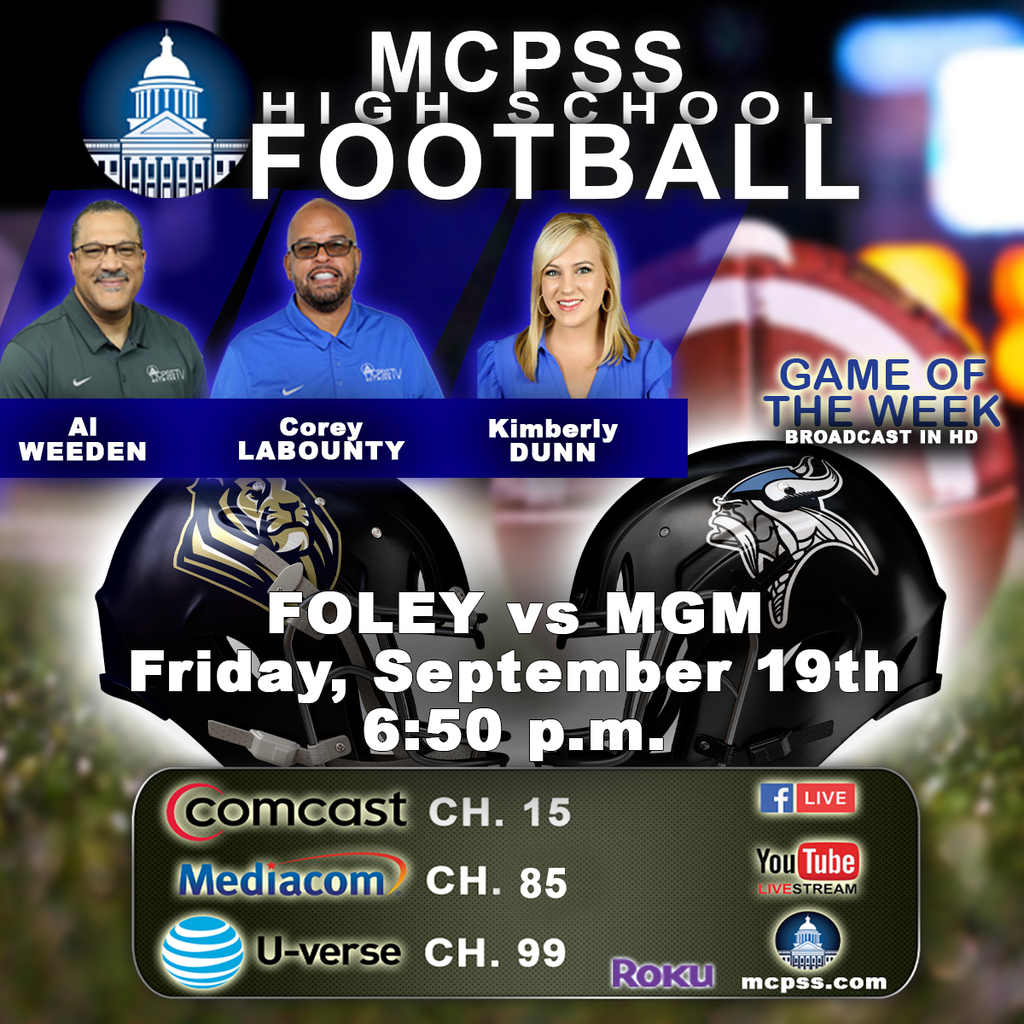 Graphic promoting the High School Football Game of the Week between Mary G. Montgomery and Foley on Friday, September 19