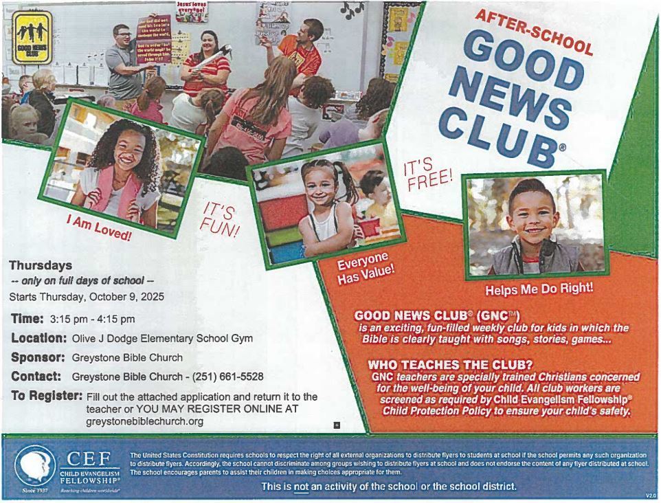 Good News Club starts Thursday, October 9th!  There is still time to sign up.