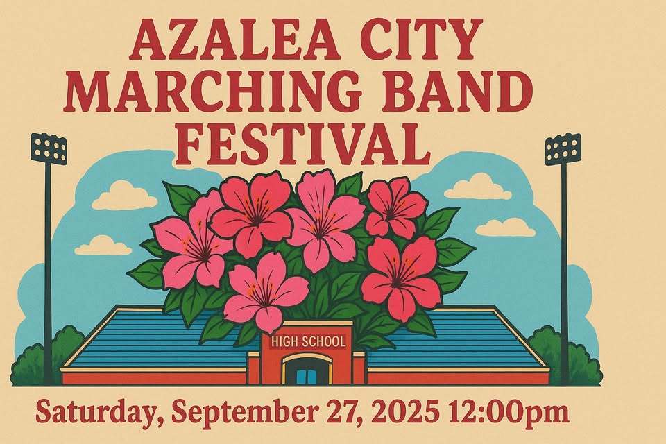 Graphic promoting the Azalea City Marching Band Festival on Saturday, September 27