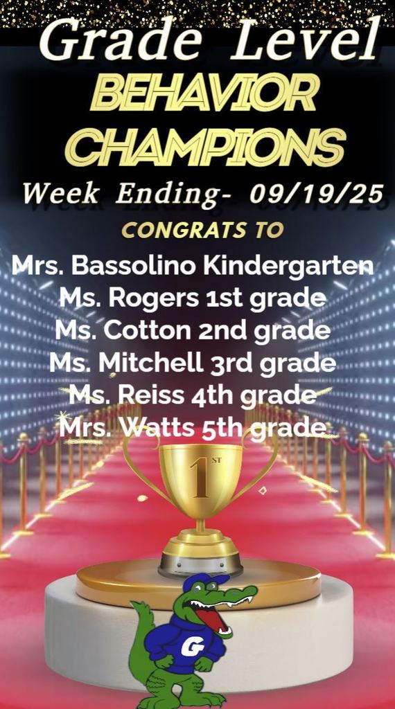 Congratulations to our Behavior Champion Classes for week ending 9/19/25. Mrs. Bassolino, Ms. Rogers, Ms. Cotton,  Ms. Mitchell, Ms. Reiss, and Mrs. Watts. WAY TO GO teachers and students!