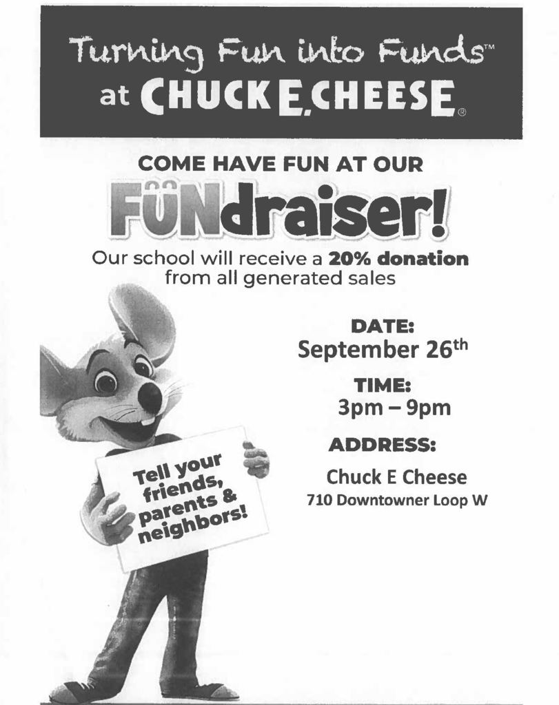 Tomorrow, September 26th, we are excited to announce that it is Family Night at Chuck E. Cheese for Gilliard Elementary School. This event is a wonderful opportunity for families to come together for an evening filled with fun and community spirit. From 3pm to 9pm, our school will benefit from a generous 20% donation from all sales generated during this time. We encourage all parents to join us and be a part of this enjoyable occasion.