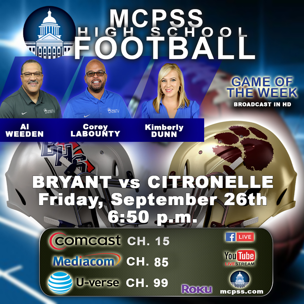 Graphic promoting the High School Football Game of the Week between Alma Bryant and Citronelle on Friday, September 26