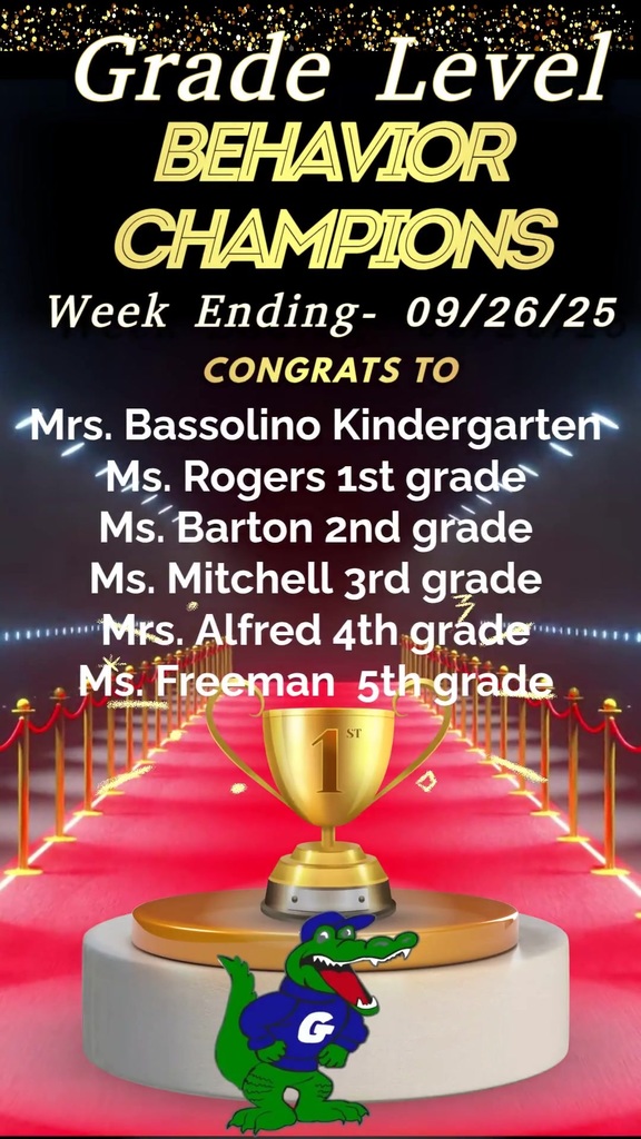 CONGRATULATIONS to this week's Grade Level Behavior Champions! We are so proud of you. Keep up the good work!