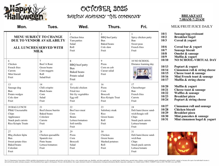 October lunch menu