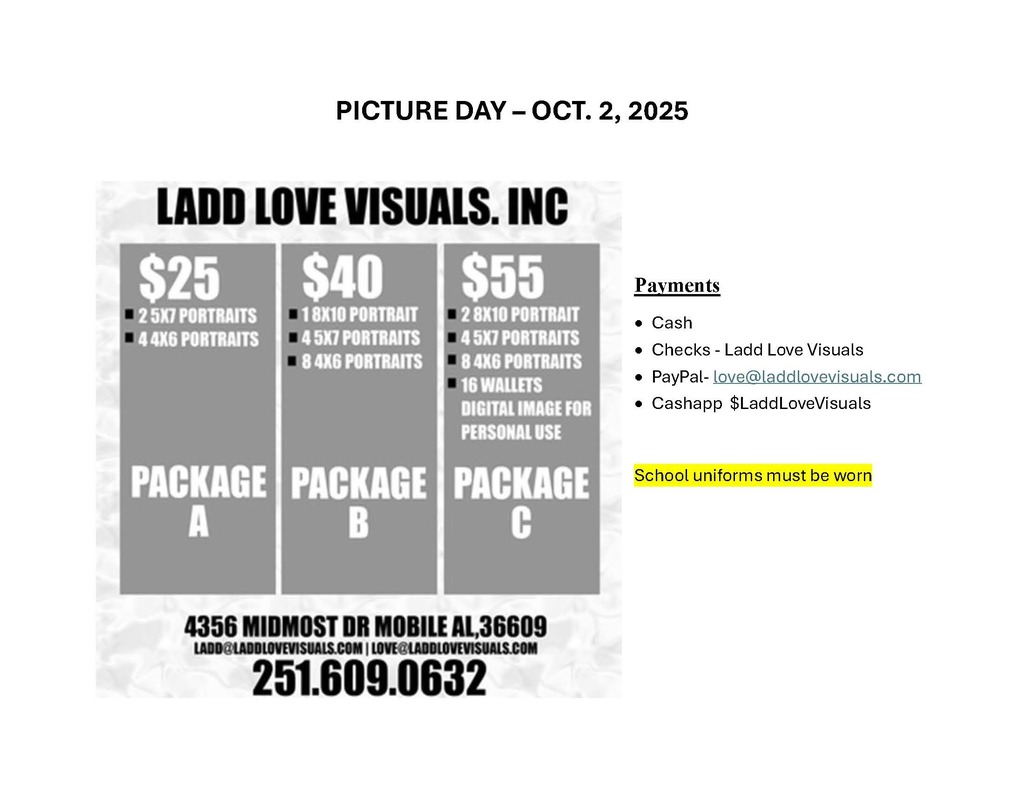 Picture Day Oct. 2- prices $25, $40, $55