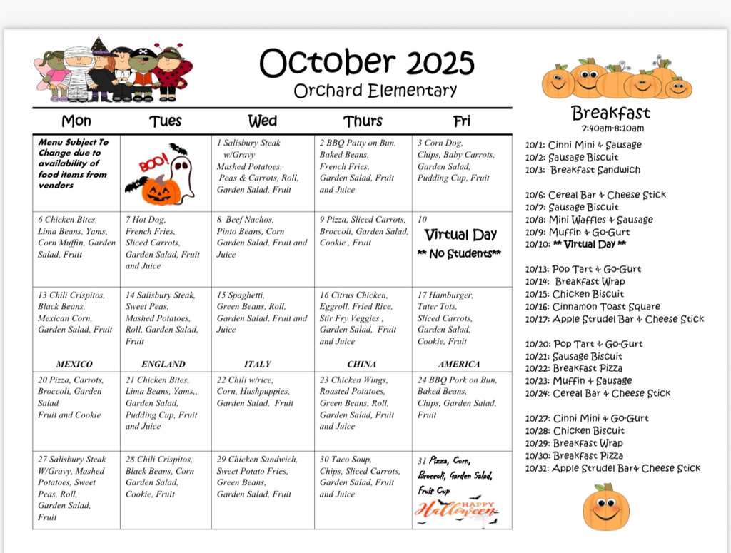 October’s Breakfast and Lunch Menu 