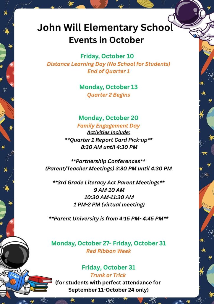 October Happenings at John Will Elementary