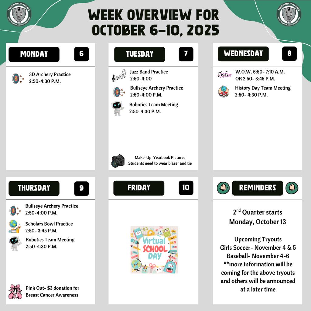 Week Overview for October 6-10- events listed on school website