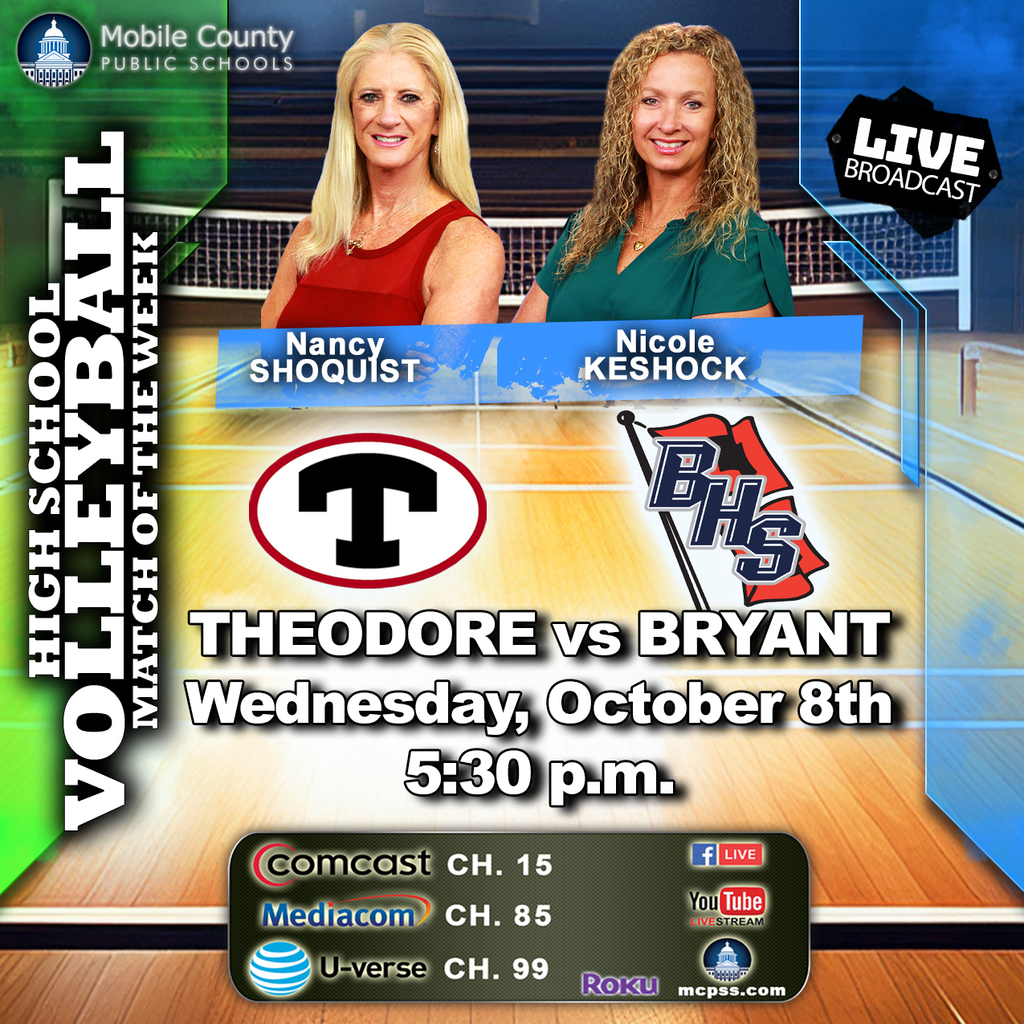 Graphic promoting the mcpssTV High School Volleyball Game of the Week between Theodore and Bryant on October 8