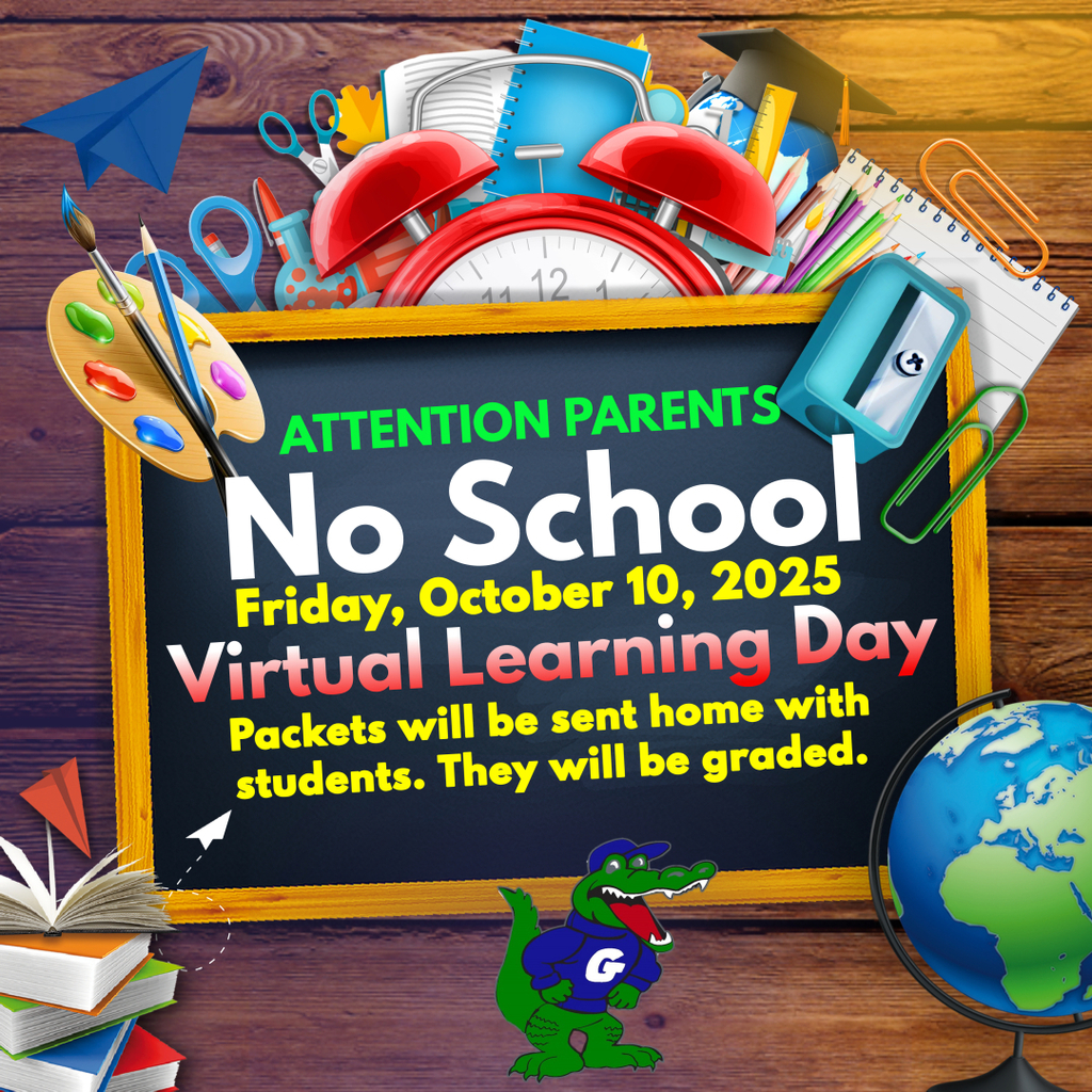 There is no school for students on Friday, October 10, 2025. This day is designated by the district as a Virtual Day. Students will come home with work packets that will need to be completed by all students. Packets will be graded, so please be sure if your child is absent on Thursday, October 9th that you please stop by the school to pick up their work packet. Should you have any questions or concerns, please call the school at (251) 221-1820.