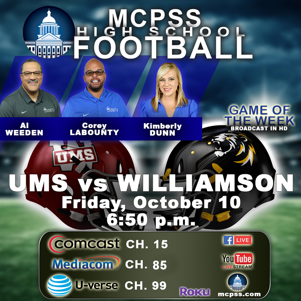 Graphic promoting the High School Football Game of the Week between Williamson and UMS-Wright on October 10