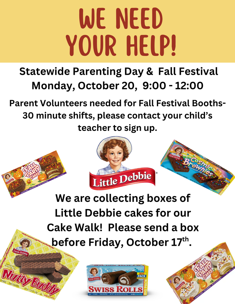 We are collecting Little Debbie cakes for our Fall Festival Cake walk.  Please donate by Friday October 17th