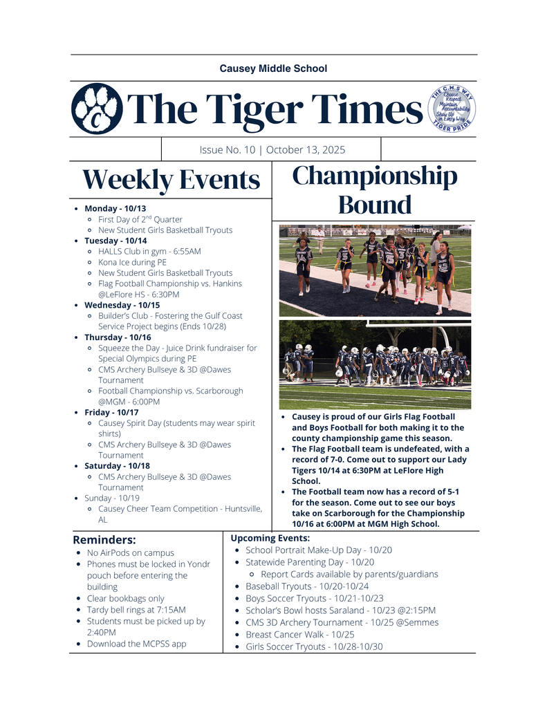 Weekly Newsletter 10/13-10/17