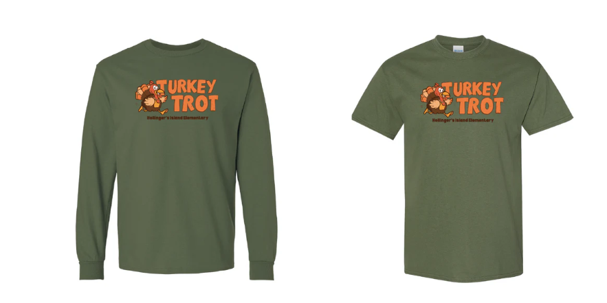 turkey trot tshirt design- a turkey running with the words Turkey Trot Hollinger's Island on a dark green tshirt and long sleeve shirt