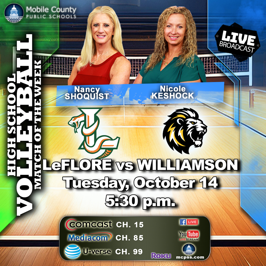 Graphic promoting the High School Volleyball Match of the Week between LeFlore and Williamson on October 14