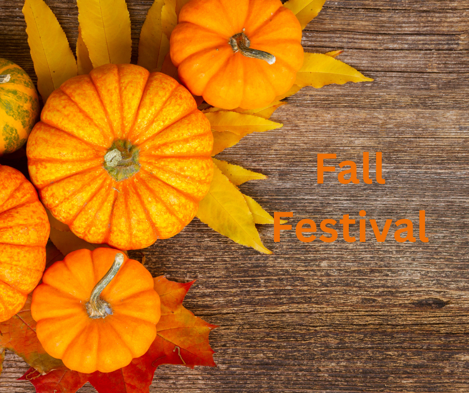 pumpkins, fall leaves, wooden background  Fall Festival