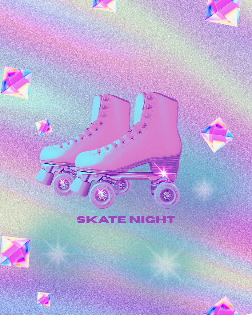 Holographic background, pair of skates, holographic diamonds, Skate night