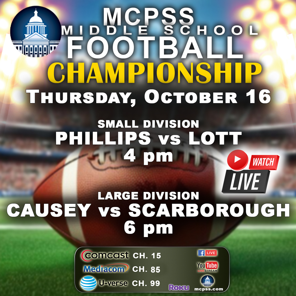 Graphic promoting mcpssTV coverage of the middle school football championships on October 16