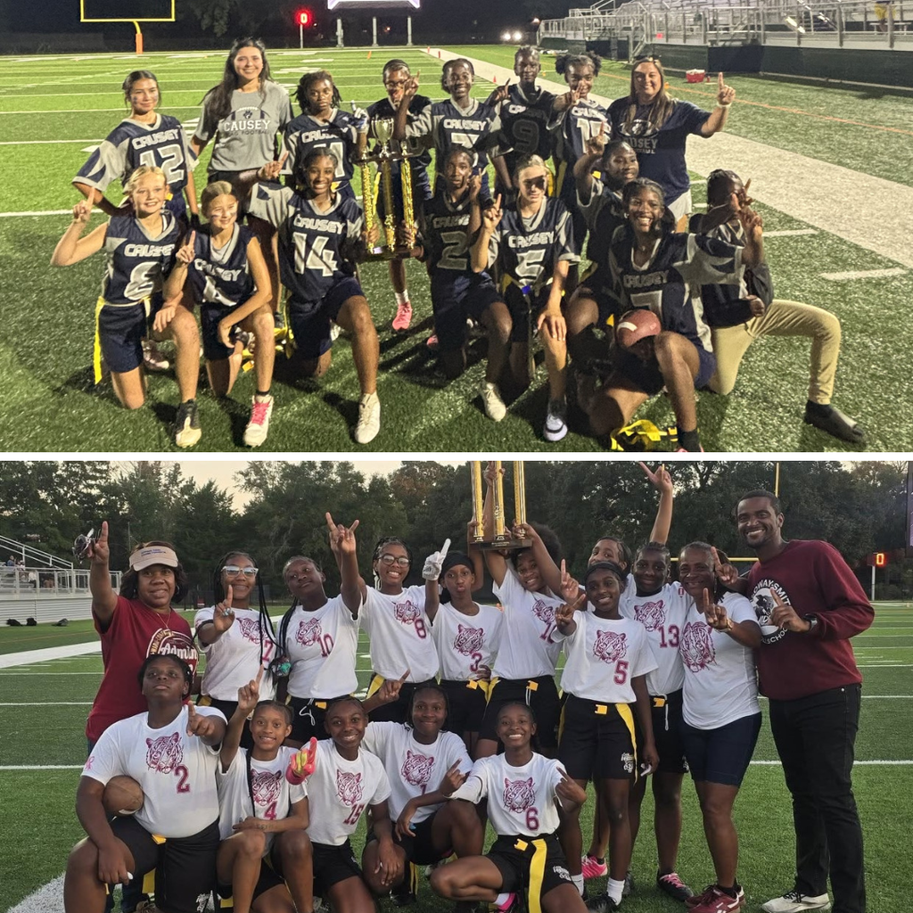 Two photos of middle school flag football players holding up one finger and celebrating their championships