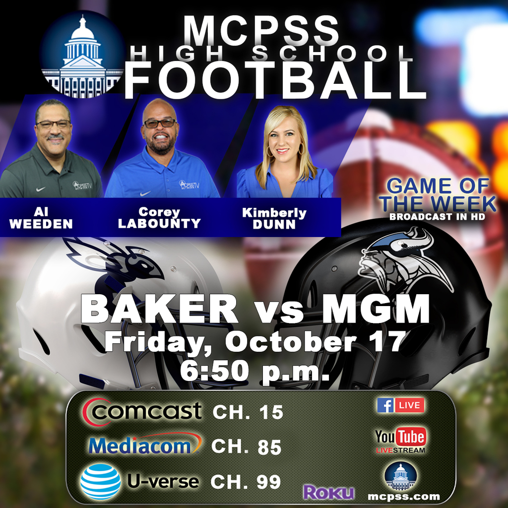 Graphic promoting the High School Football Game of the Week between Baker and Mary G. Montgomery on October 17