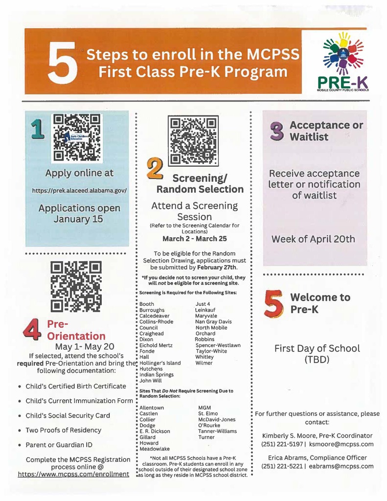 Document listing the steps to enroll in MCPSS First Class Pre-K Program. This document also contains QR codes with additional information.