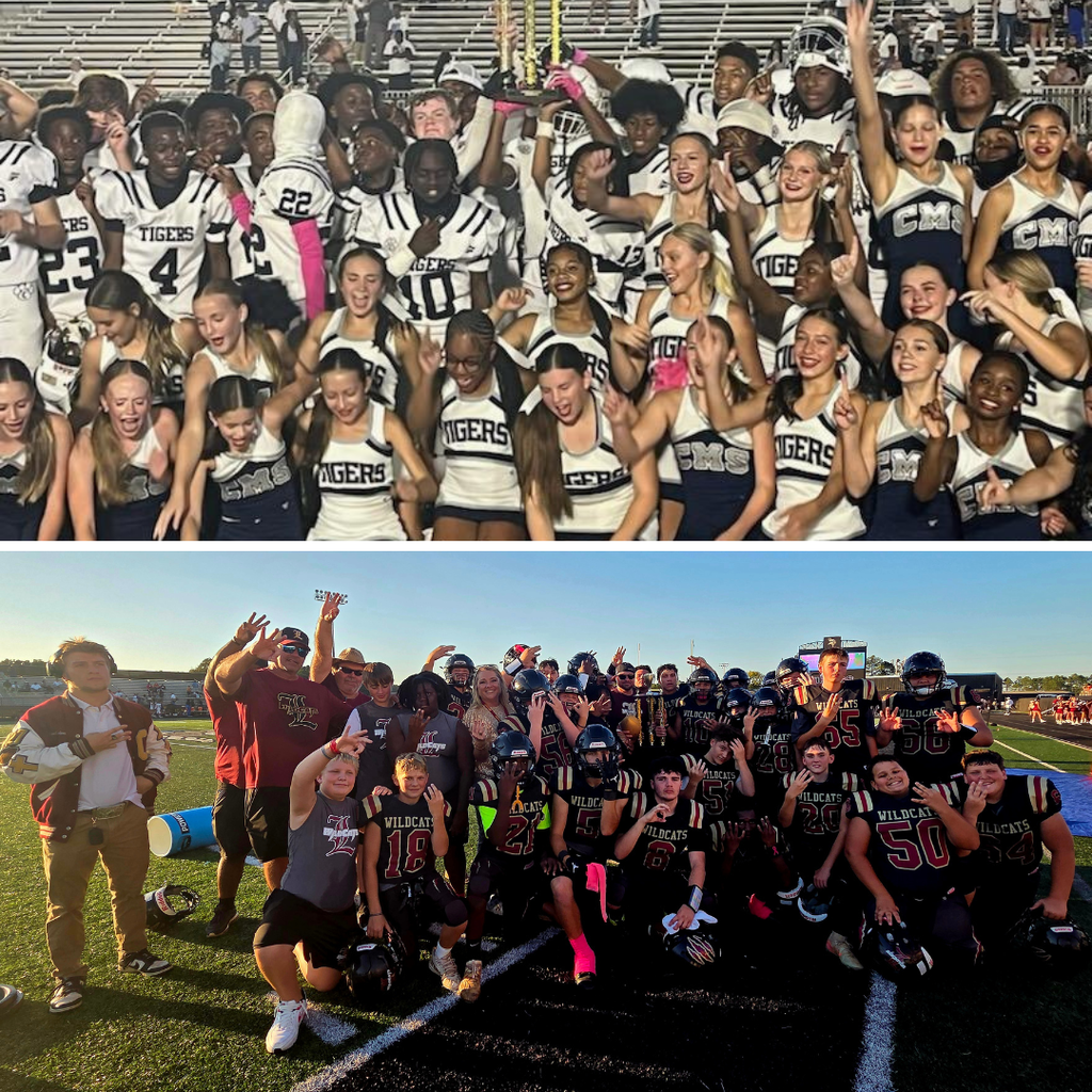 Group photos of middle school football champions Causey and Lott celebrating