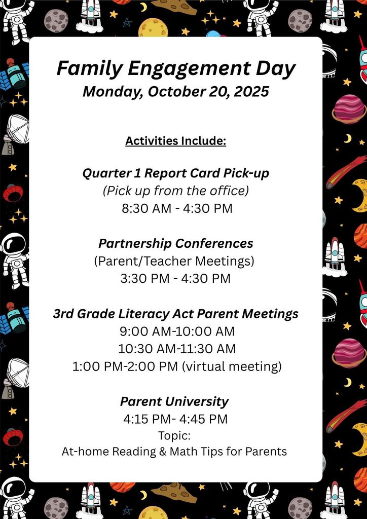 Family Engagement Day and Report Card Pick up is Monday, October 20