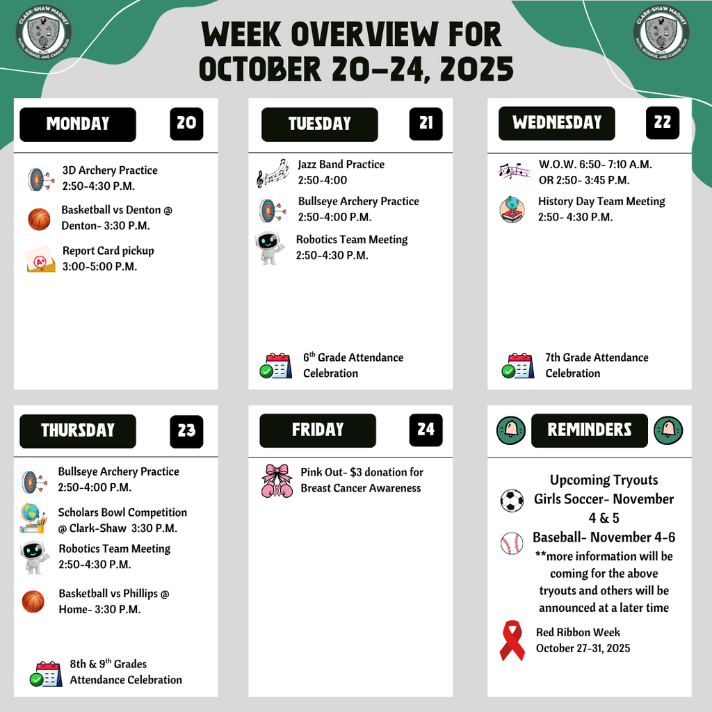 Week Overview for October 20-24, 2025- see our events on our website for the details