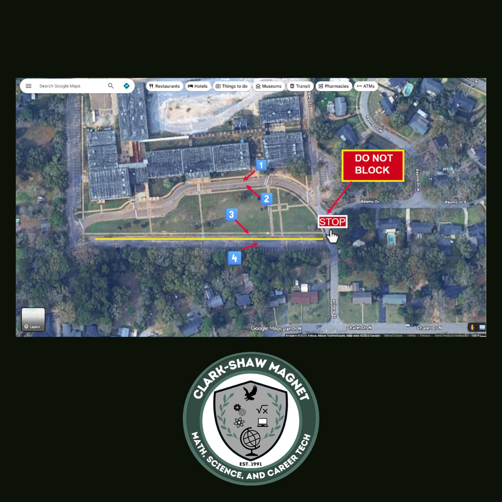 Diagram of Clark-Shaw's parking lot and surrounding area- information is listed in the text