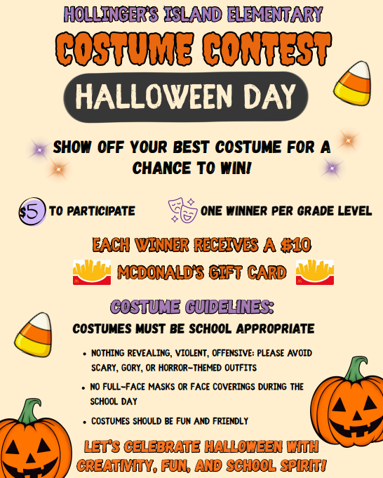 on halloween, pay $5 to wear a costume to school and enter a costume contest to win a gift card.