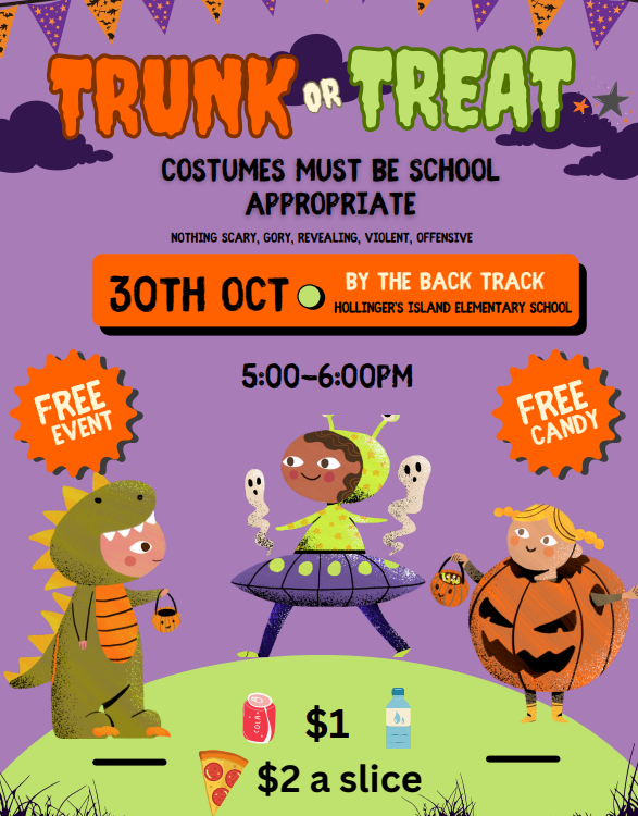 Free event: trunk or treat from 5-6 on thursday october 30th by the track. $1 drinks and $2 slice of pizza