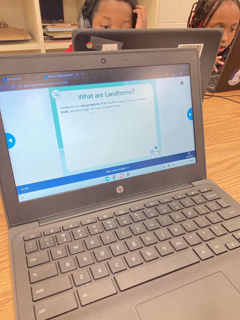 Ms. Young's class used a nearpod lesson to learn more about landforms. They were able to work at their own pace to complete the vocabulary, create drawings of landforms, and answer multiple choice questions.
