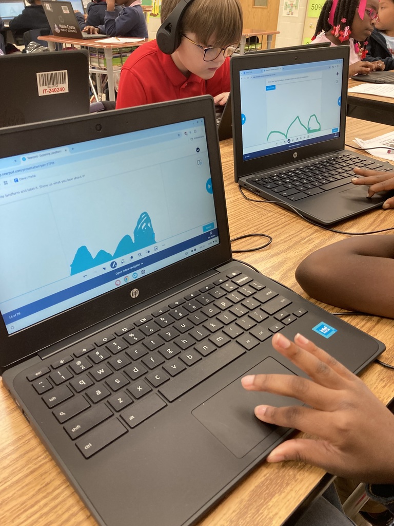 Ms. Young's class used a nearpod lesson to learn more about landforms. They were able to work at their own pace to complete the vocabulary, create drawings of landforms, and answer multiple choice questions.